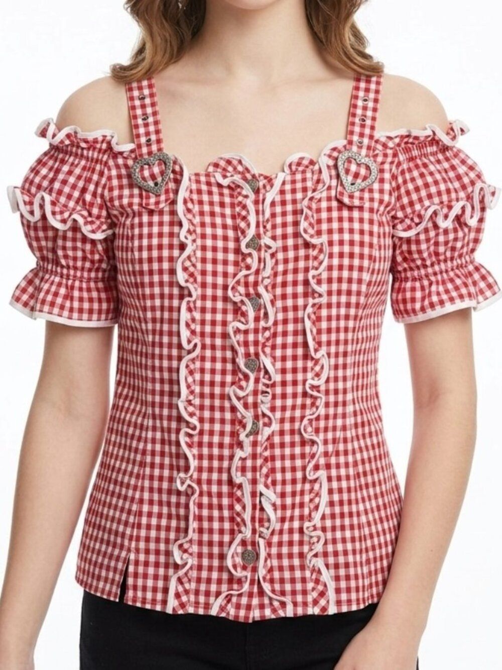Landhaus C&A Red Gingham Dirndl Blouse Heart Buckle Oktoberfest Size 46/16-18